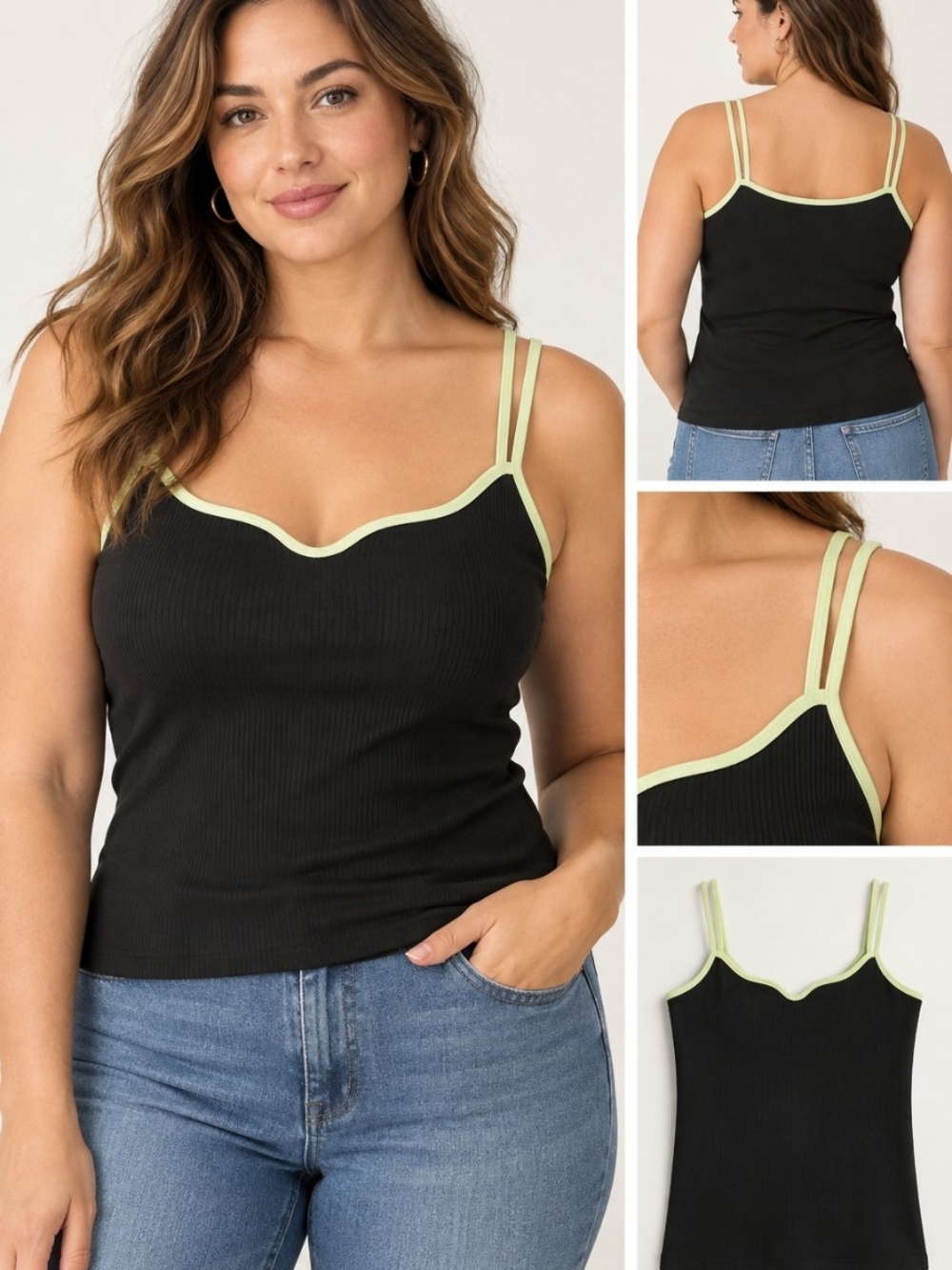 J. Crew Black Ribbed Double-Strap Cami with Lime Trim